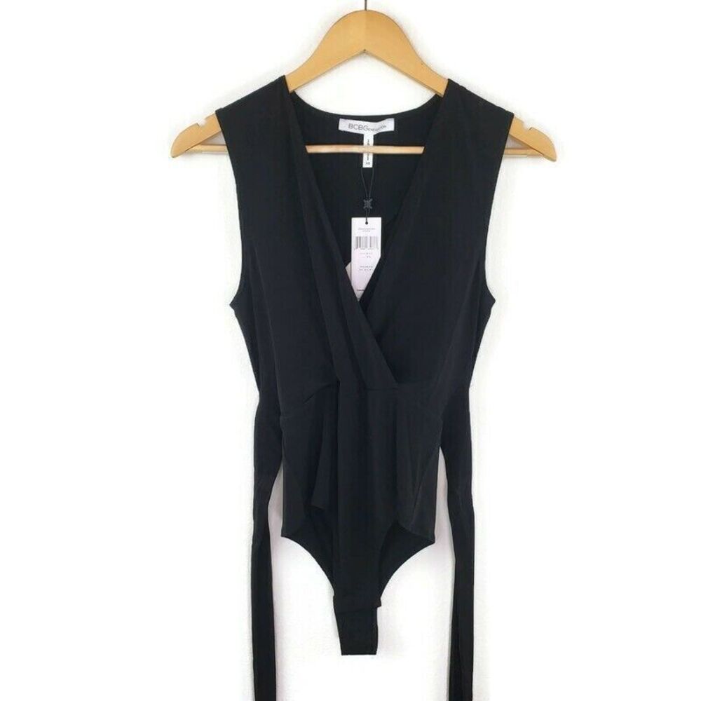 BCBGeneration Crossover Tie-Waist Bodysuit XS Black V-Neck Sleeveless NEW
